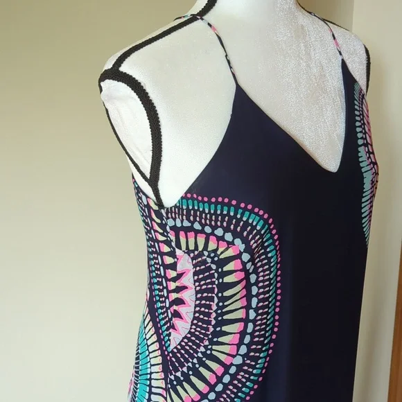 Old Navy T-Strap Chiffon Geometric Boho Maxi Dress S Blue Pink - Picture 7 of 16